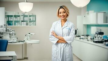 ai généré magnifique souriant femme médecin dans clinique photo