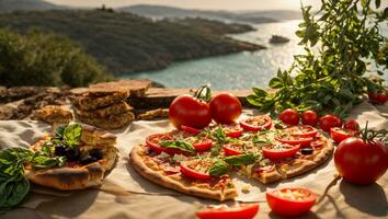 ai généré appétissant Pizza avec tomates, Olives, basilic sur le rivage photo