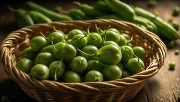 ai généré Frais appétissant vert pois sur le cuisine table photo