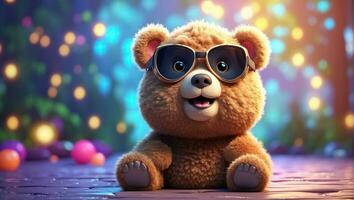 ai généré mignonne jouet ours dans des lunettes de soleil photo