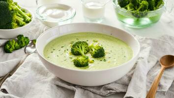 ai généré appétissant crème de brocoli soupe sur le table photo