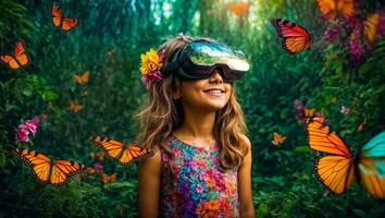 ai généré peu fille portant virtuel réalité des lunettes dans le forêt, papillons photo