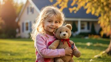 ai généré peu fille avec une nounours ours dans la nature contre le Contexte de une maison photo