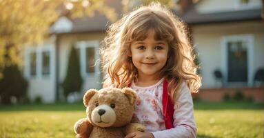 ai généré peu fille avec une nounours ours dans la nature contre le Contexte de une maison photo