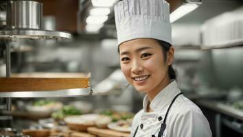 ai généré content asiatique femme cuisinier dans restaurant cuisine photo