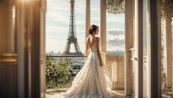 ai généré magnifique fille dans une blanc demoiselle d'honneur robe contre le Contexte de le Eiffel la tour photo