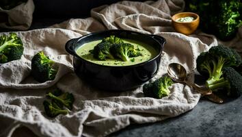 ai généré appétissant crème de brocoli soupe sur le table photo