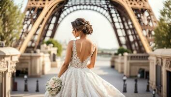 ai généré magnifique fille dans une blanc demoiselle d'honneur robe contre le Contexte de le Eiffel la tour photo