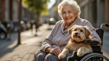 ai généré personnes âgées femme dans une fauteuil roulant avec une chien à l'extérieur dans le parc photo