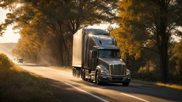 ai généré un camion conduite vers le bas le route dans été photo