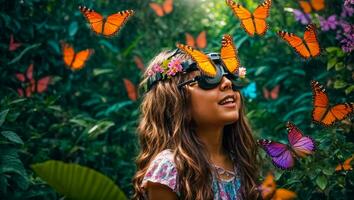 ai généré peu fille portant virtuel réalité des lunettes dans le forêt, papillons photo