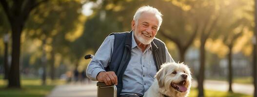 ai généré personnes âgées homme dans une fauteuil roulant avec une chien sur le rue photo