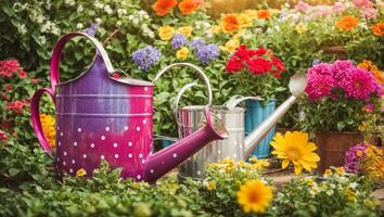 ai généré coloré arrosage pouvez avec fleurs dans le été jardin photo