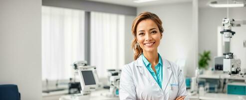 ai généré magnifique souriant femme médecin dans clinique photo