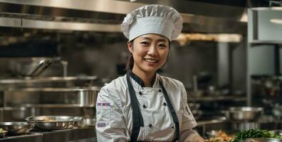 ai généré content asiatique femme cuisinier dans restaurant cuisine photo