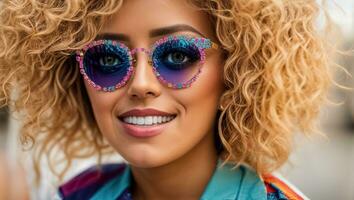 ai généré portrait de une à la mode fille dans des lunettes de soleil photo