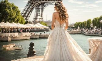 ai généré magnifique fille dans une blanc demoiselle d'honneur robe contre le Contexte de le Eiffel la tour photo