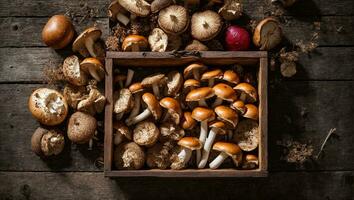 ai généré Frais champignons dans une en bois boîte sur un vieux Contexte photo