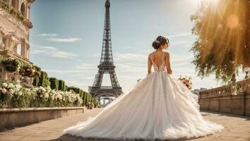 ai généré magnifique fille dans une blanc demoiselle d'honneur robe contre le Contexte de le Eiffel la tour photo