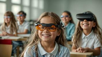 ai généré écolière portant virtuel réalité des lunettes dans classe photo