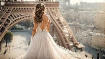 ai généré magnifique fille dans une blanc demoiselle d'honneur robe contre le Contexte de le Eiffel la tour photo