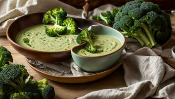 ai généré appétissant crème de brocoli soupe sur le table photo