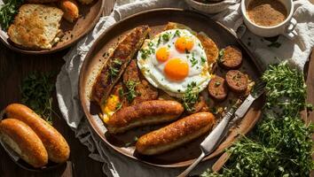 ai généré délicieux frit des œufs avec saucisses sur le cuisine table photo