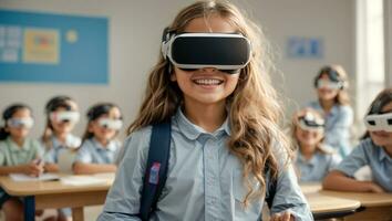 ai généré écolière portant virtuel réalité des lunettes dans classe photo