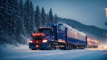 ai généré un camion conduite sur neigeux route à nuit photo