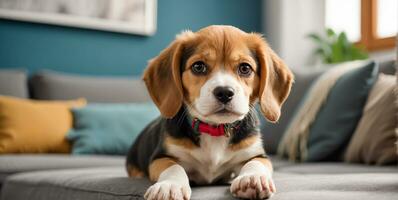 ai généré mignonne chiot dans le maison photo