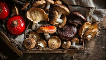 ai généré Frais champignons dans une en bois boîte sur un vieux Contexte photo