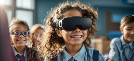 ai généré écolière portant virtuel réalité des lunettes dans classe photo