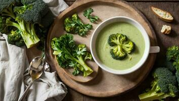 ai généré appétissant crème de brocoli soupe sur le table photo