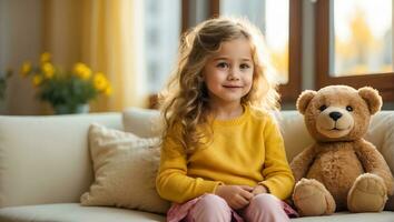 ai généré portrait de une peu fille avec une nounours ours dans le pièce photo