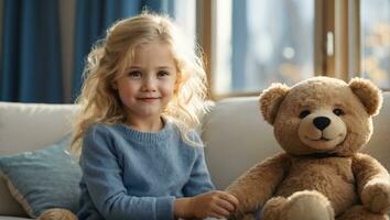 ai généré portrait de une peu fille avec une nounours ours dans le pièce photo