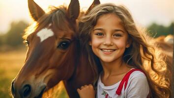 ai généré portrait de une peu fille avec une cheval dans la nature photo