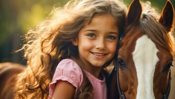 ai généré portrait de une peu fille avec une cheval dans la nature photo