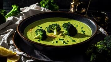 ai généré appétissant crème de brocoli soupe sur le table photo