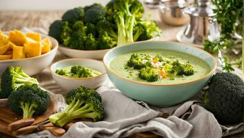 ai généré appétissant crème de brocoli soupe sur le table photo