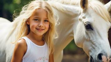 ai généré portrait de une peu fille avec une cheval dans la nature photo