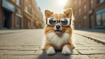 ai généré mignonne chien portant virtuel réalité des lunettes sur le rue photo