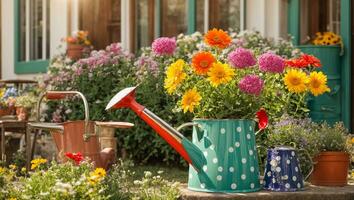 ai généré coloré arrosage pouvez avec fleurs dans le été jardin photo