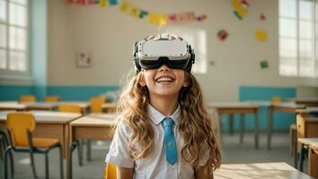 ai généré écolière portant virtuel réalité des lunettes dans classe photo