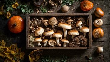 ai généré Frais champignons dans une en bois boîte sur un vieux Contexte photo