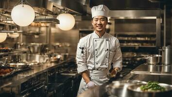 ai généré content asiatique Masculin cuisinier dans cuisine photo