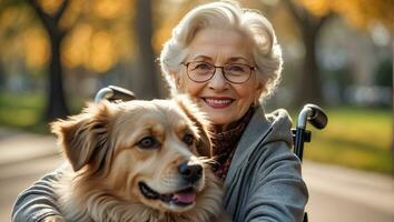 ai généré personnes âgées femme dans une fauteuil roulant avec une chien à l'extérieur dans le parc photo
