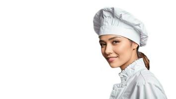 ai généré magnifique fille chef isolé sur blanc Contexte photo