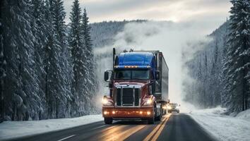 ai généré un camion conduite le long de une neigeux route pendant le journée photo