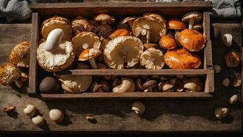 ai généré Frais champignons dans une en bois boîte sur un vieux Contexte photo