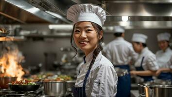 ai généré content asiatique femme cuisinier dans restaurant cuisine photo